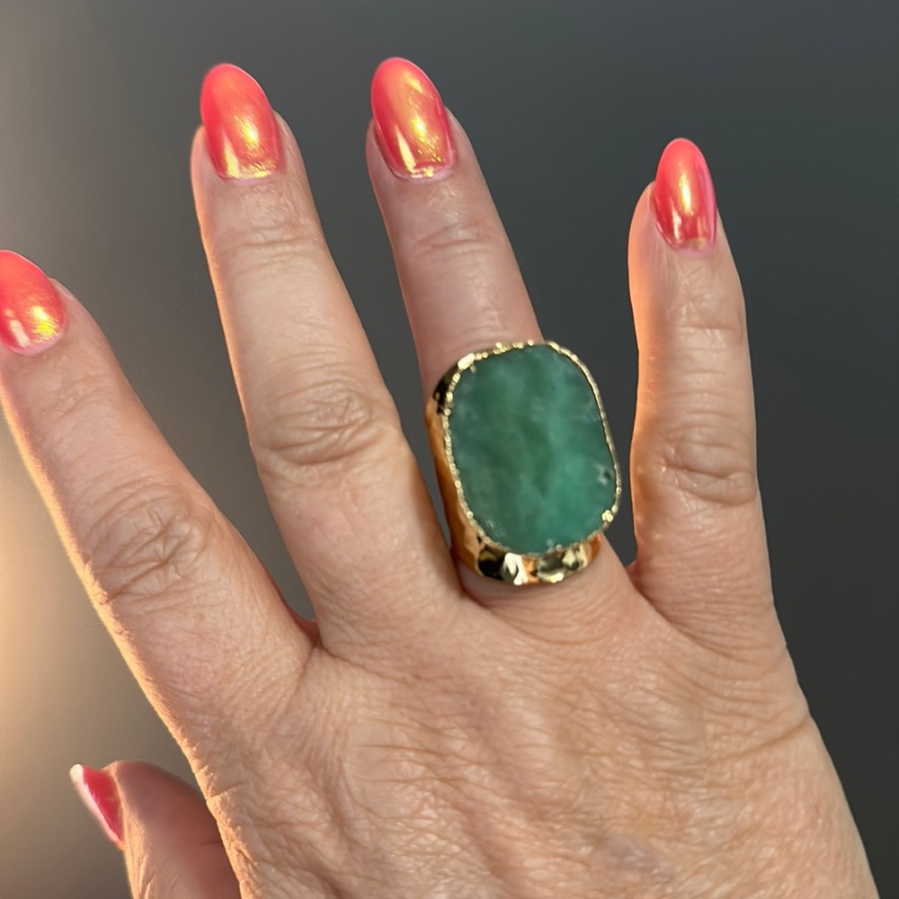 Jade stone adjustable gold band ring
